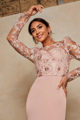 Peplum Embroidered Lace Bodycon Dress in Pink